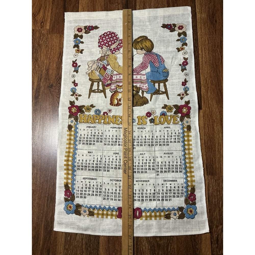 1980 HAPPINESS IS LOVE Calender Retro Wall Hanging Linen Tea Towel 25in x 16in